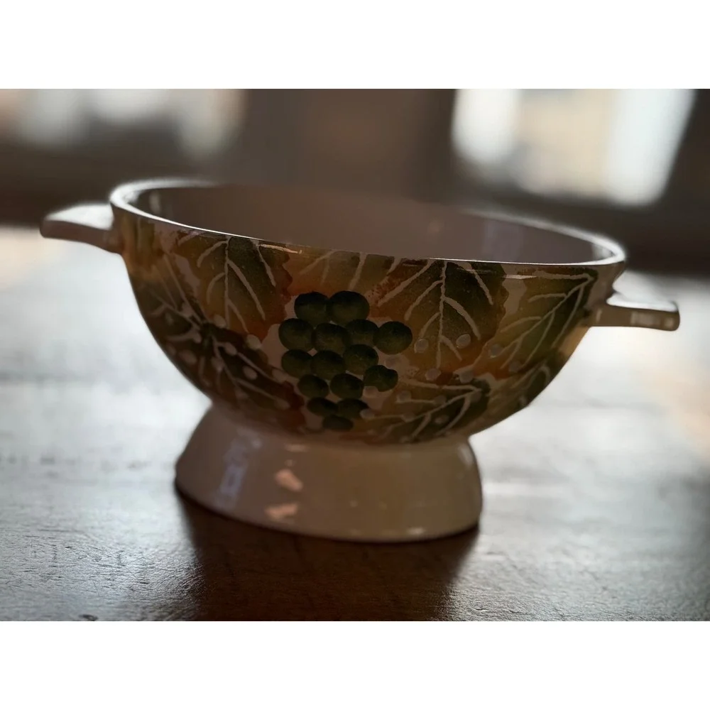 ND Hand Painted Ceramic Berry Colander Cream Green Grapes Footed Strainer